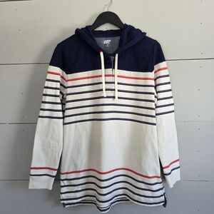 Lands' End Womens M 10-12 Pullover Hoodie Striped Navy Red Elbow Patch Nautical